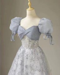 Cute Floral Printed Long Formal Prom Dress A Line Puff Sleeves Blue Party Gown