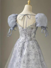 Cute Floral Printed Long Formal Prom Dress A Line Puff Sleeves Blue Party Gown