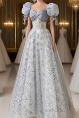 Cute Floral Printed Long Formal Prom Dress A Line Puff Sleeves Blue Party Gown