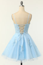 Cute Glitter Blue Homecoming Dresses A Line Sequins Short Formal Prom Dresses with Appliques