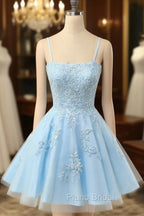Cute Glitter Blue Homecoming Dresses A Line Sequins Short Formal Prom Dresses with Appliques