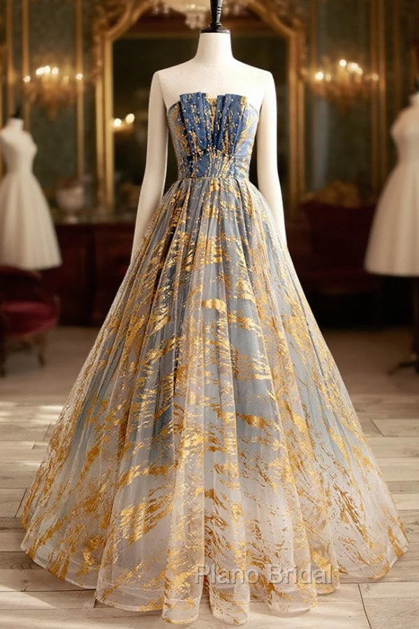 Cute Gradient Tulle Long Formal Dresses, A-Line Strapless Formal Prom Dresses Evening Dresses