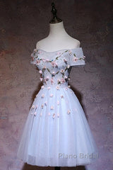 Cute Gray Blue Tulle Short Formal Prom Dresses, Off The Shoulder Homecoming Dresses