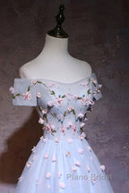 Cute Gray Blue Tulle Short Formal Prom Dresses, Off The Shoulder Homecoming Dresses