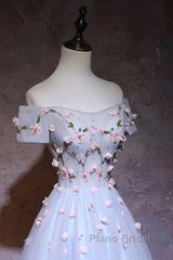 Cute Gray Blue Tulle Short Formal Prom Dresses, Off The Shoulder Homecoming Dresses