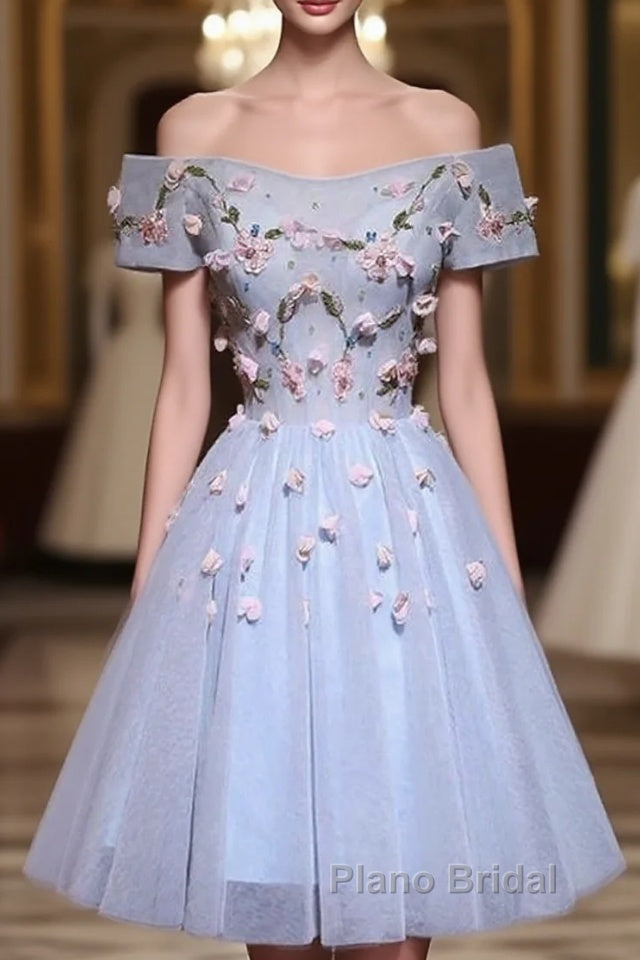 Cute Gray Blue Tulle Short Formal Prom Dresses, Off The Shoulder Homecoming Dresses Main image