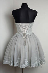 Cute Gray Tulle Lace Short Formal Prom Dresses, Gray Homecoming Dresses