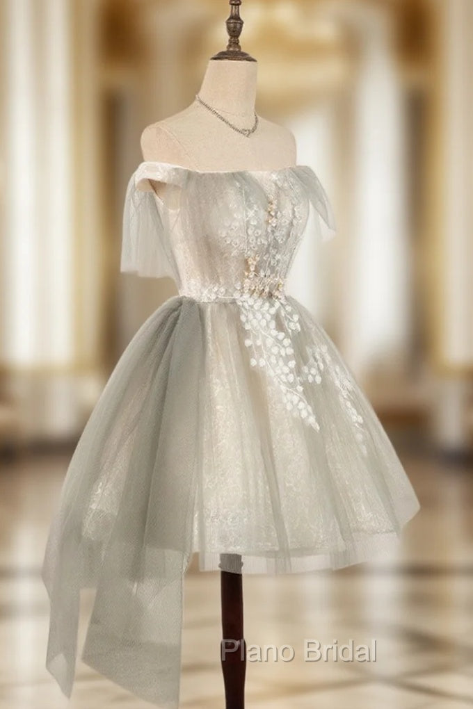 Cute Gray Tulle Lace Short Formal Prom Dresses, Gray Tulle Puffy Homecoming Dresses Main image