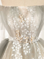 Cute Gray Tulle Lace Short Formal Prom Dresses, Gray Tulle Puffy Homecoming Dresses