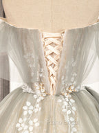 Cute Gray Tulle Lace Short Formal Prom Dresses, Gray Tulle Puffy Homecoming Dresses