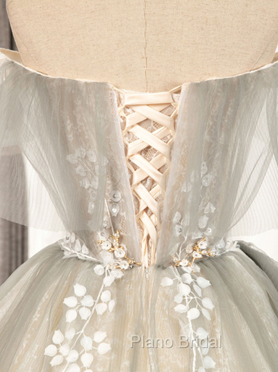 Cute Gray Tulle Lace Short Formal Prom Dresses, Gray Tulle Puffy Homecoming Dresses