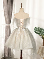 Cute Gray Tulle Lace Short Formal Prom Dresses, Gray Tulle Puffy Homecoming Dresses