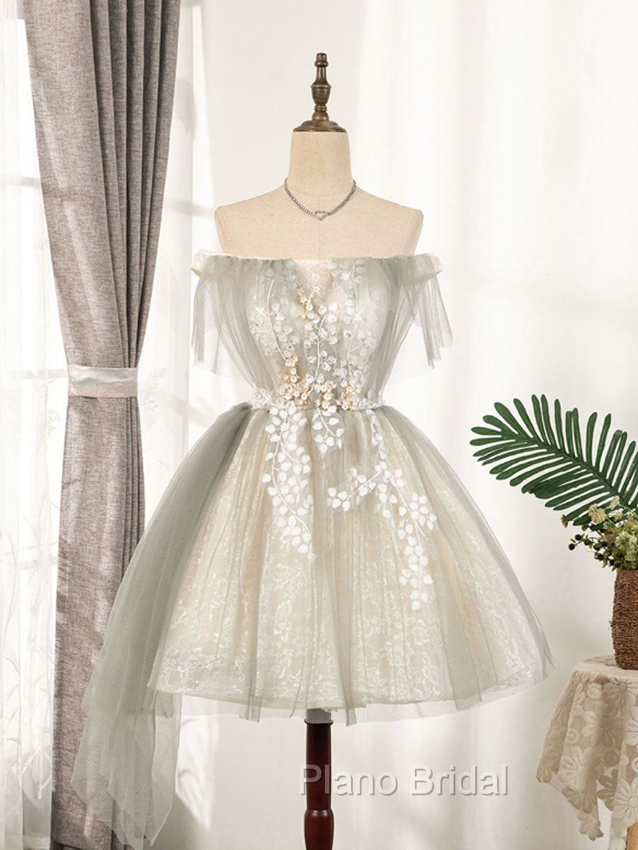 Cute Gray Tulle Lace Short Formal Prom Dresses, Gray Tulle Puffy Homecoming Dresses Secondary image