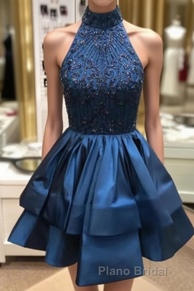 Cute High-Neck Sequin Beaded Short Blue Formal Prom Dresses, Blue Homecoming Dresses