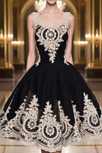 Cute Lace Applique Black Short Formal Prom Dresses, Lace Applique Homecoming Dresses