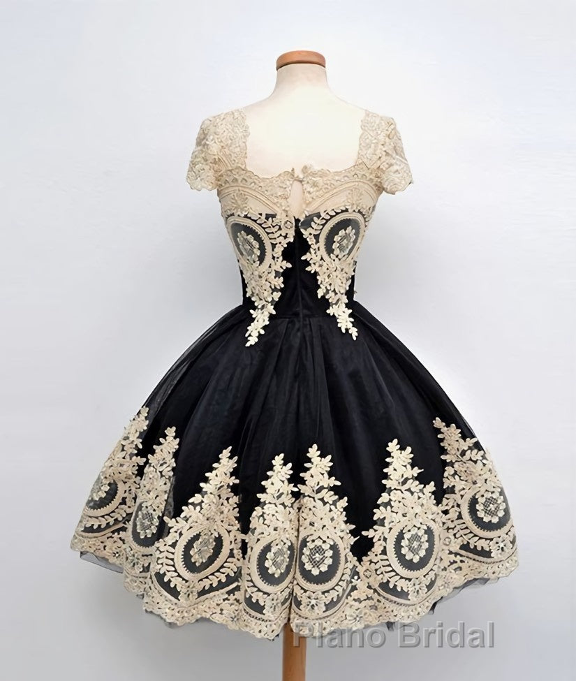 Cute Lace Applique Black Short Formal Prom Dresses, Lace Applique Homecoming Dresses
