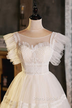 Cute Lace Short A-Line Formal Prom Dresses, Champagne Mini Homecoming Party Dresses