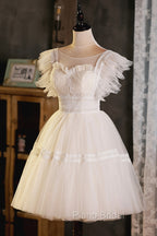 Cute Lace Short A-Line Formal Prom Dresses, Champagne Mini Homecoming Party Dresses