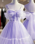 Cute Lavender Tulle Short Straps Homecoming Dressess, Tulle Sweetheart Formal Prom Dresses
