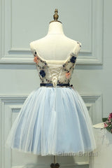 Cute Light Blue Short Tulle Homecoming Dresses, Blue Formal Prom Dresses