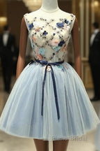 Cute Light Blue Short Tulle Homecoming Dresses, Blue Formal Prom Dresses