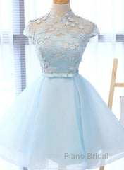 Cute Light Blue Tulle With Lace Party Dresses , Beautiful Short Classical Formal Dresses