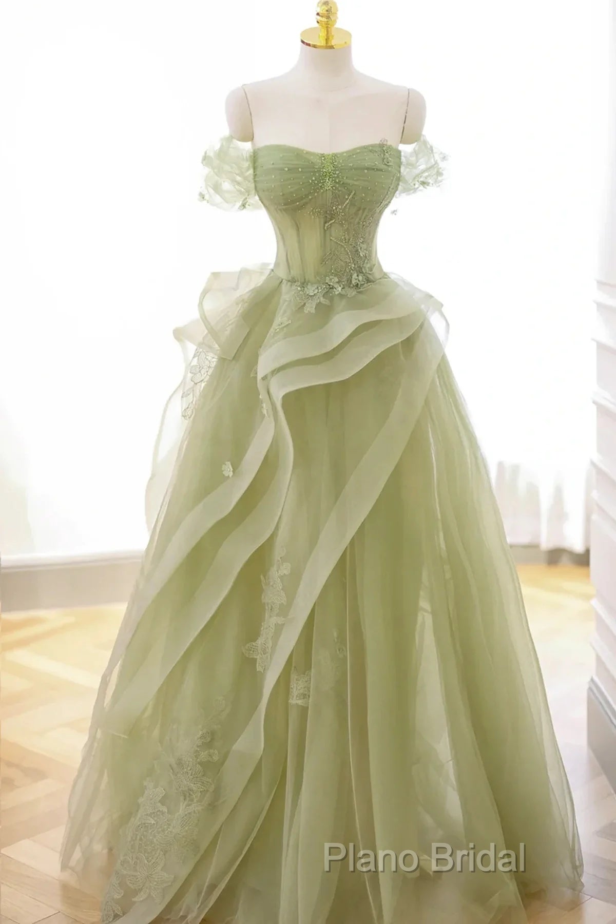 Cute Light Green A-Line Beaded Tulle Party Dresses, Light Green Long Formal Prom Dresses Secondary image