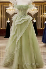 Cute Light Green A-Line Beaded Tulle Party Dresses, Light Green Long Formal Prom Dresses