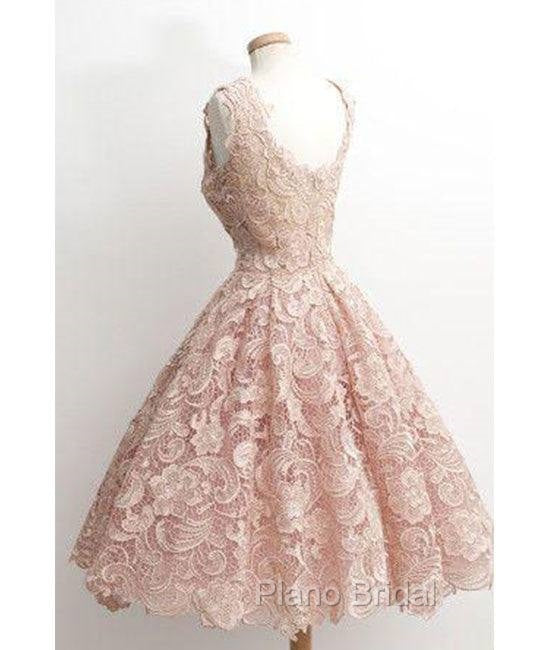 Cute Light Pink Lace Short Formal Prom Dresses, Lace Bridesmaid Dresses