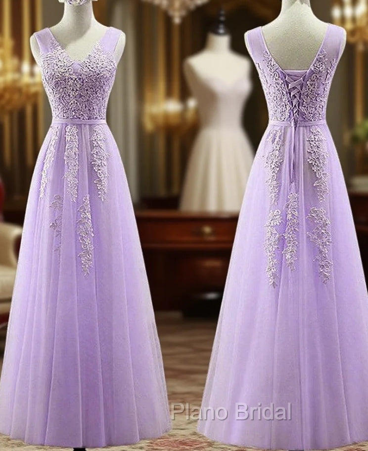 Cute Light Purple Tulle with Lace V-neckline Formal Prom Dresses, Long Evening Gown Formal Dresses Secondary image