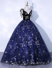 Cute Navy Blue Ball Gown V-Neckline Party Dresses, Navy Blue Sweet 16 Dresses