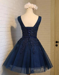 Cute Navy Blue Knee Length Lace Applique Party Dresses, Homecoming Dresses