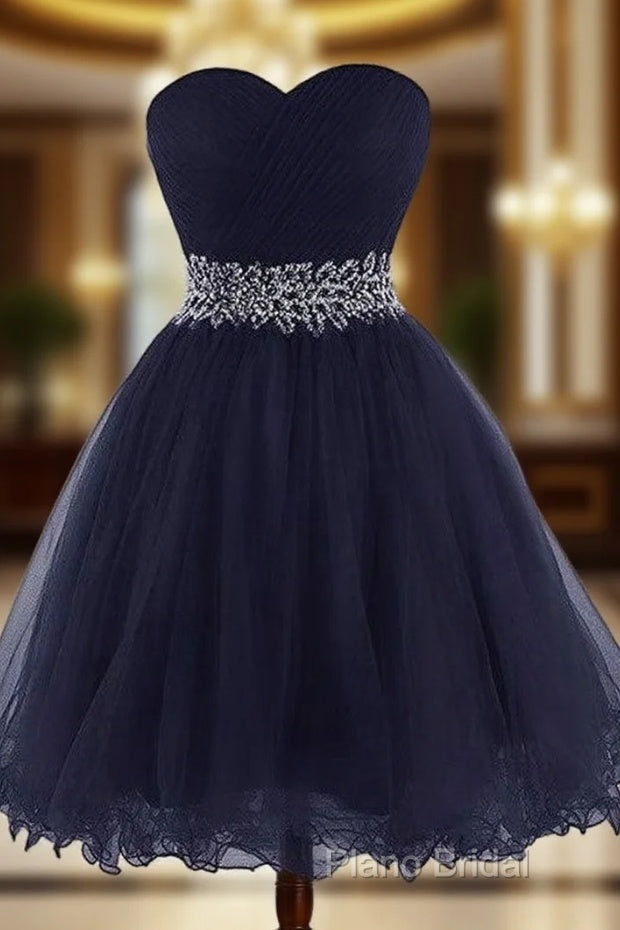 Cute Navy Blue Sweetheart Beaded Homecoming Dresses, Short Formal Prom Dresses