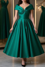 Cute Off Shoulder Green Satin Short Formal Prom Dresses, Off the Shoulder Green Homecoming Dresses, Green Formal Evening Dresses