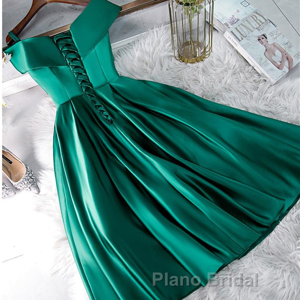 Cute Off Shoulder Green Satin Short Formal Prom Dresses, Off the Shoulder Green Homecoming Dresses, Green Formal Evening Dresses