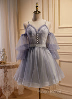 Cute Off Shoulder Tulle And Lace Straps Homecoming Dresses, Short Formal Prom Dresses