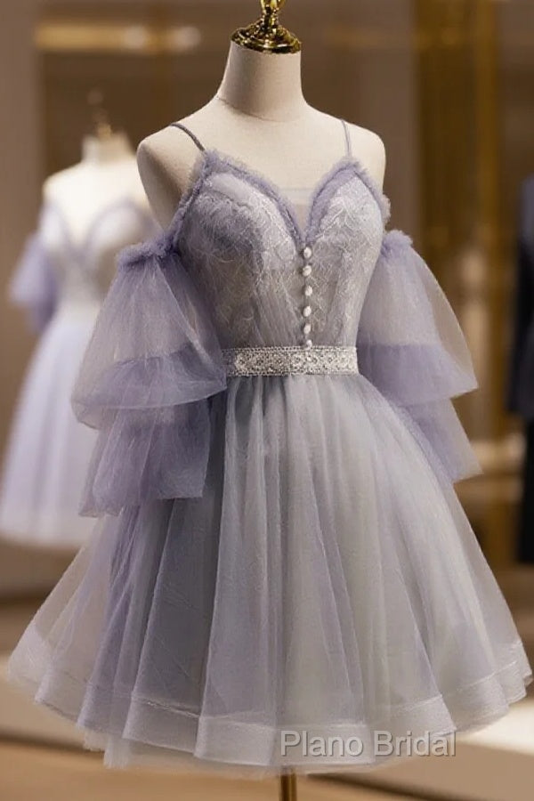 Cute Off Shoulder Tulle And Lace Straps Homecoming Dresses, Short Formal Prom Dresses Main image