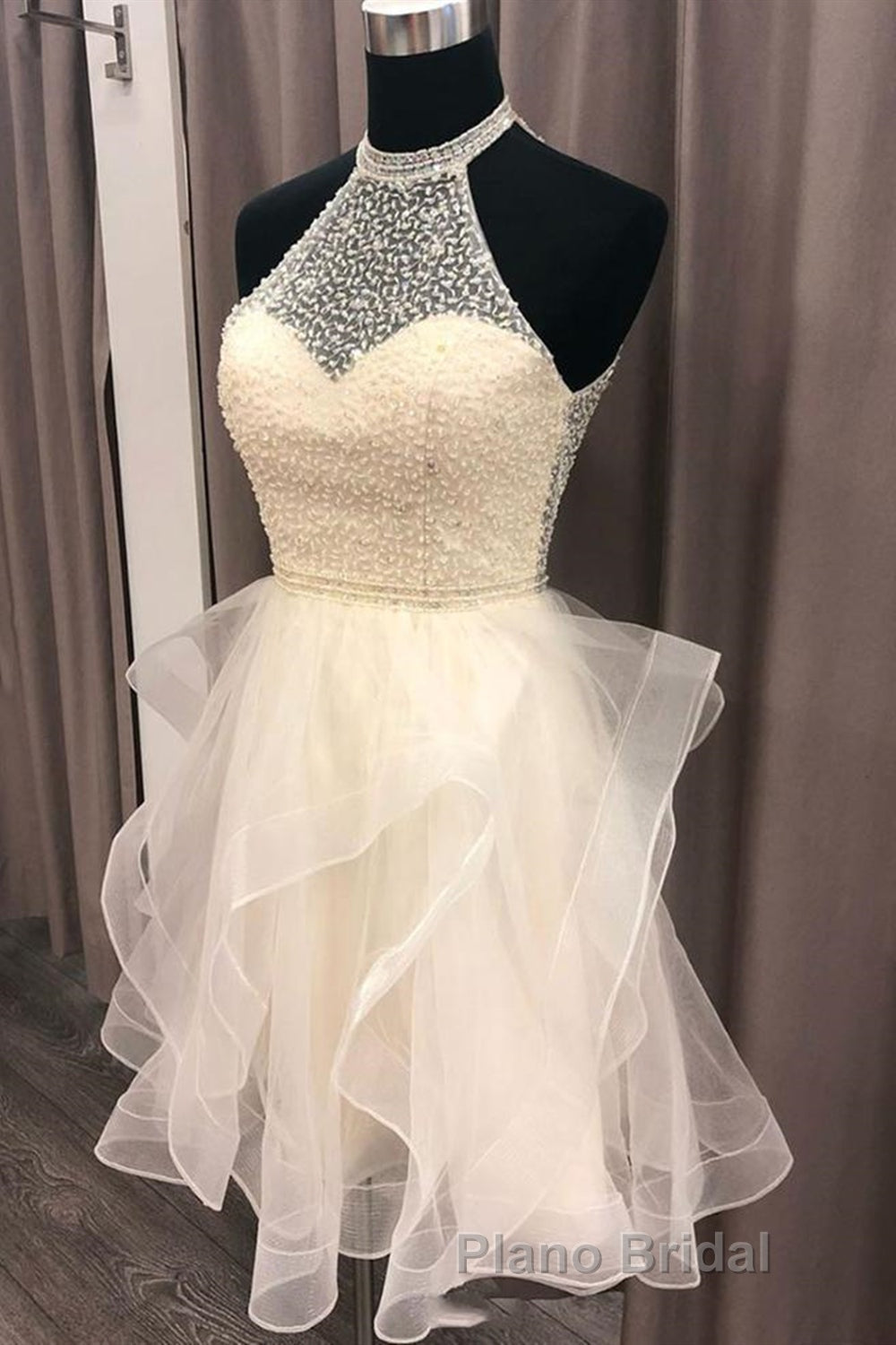 Cute Open Back Champagne Beaded Short Formal Prom Dress, Fluffy Champagne Beaded Homecoming Dress