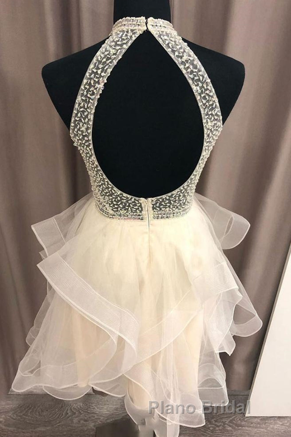 Cute Open Back Champagne Beaded Short Formal Prom Dress, Fluffy Champagne Beaded Homecoming Dress Secondary image