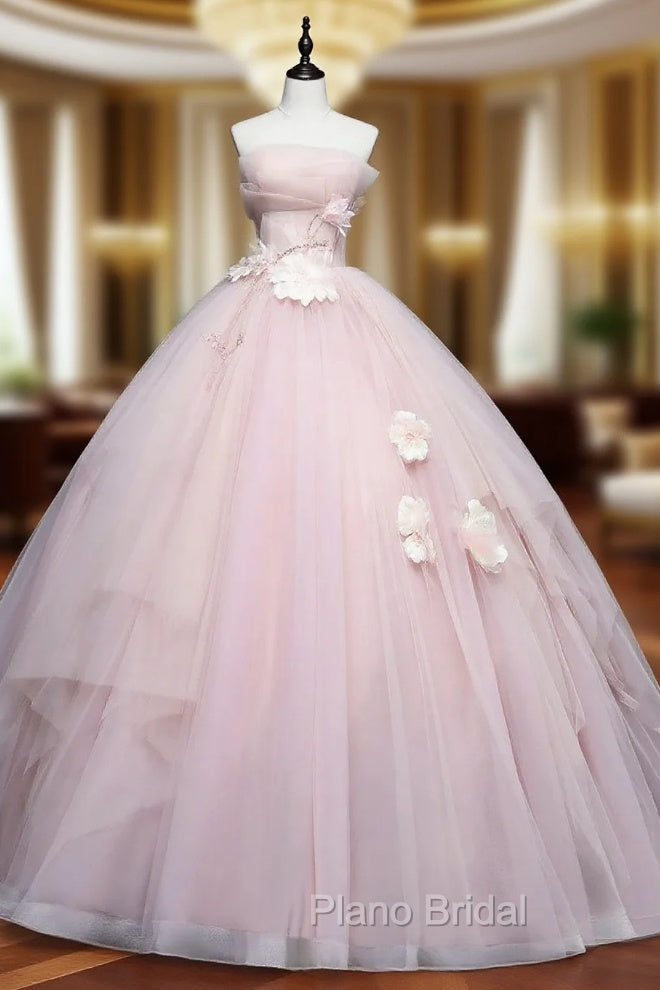 Cute Pink Ball Gown Tulle with Flowers Sweet 16 Dresses, Pink Tulle Party Dresses Main image