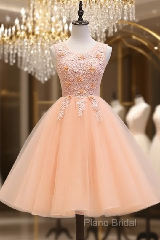 Cute Pink Flowers And Lace Applique Round Neckline Party Dresses, Pink Homecoming Dresses Main image