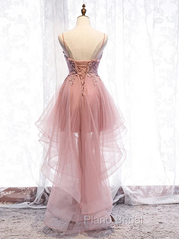 Cute Pink High Low Tulle with Lace Formal Prom Dresses High Low Homecoming Dresses Formal Prom Dresses shops