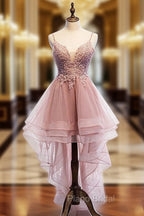 Cute Pink High Low Tulle with Lace Formal Prom Dresses High Low Homecoming Dresses Formal Prom Dresses shops