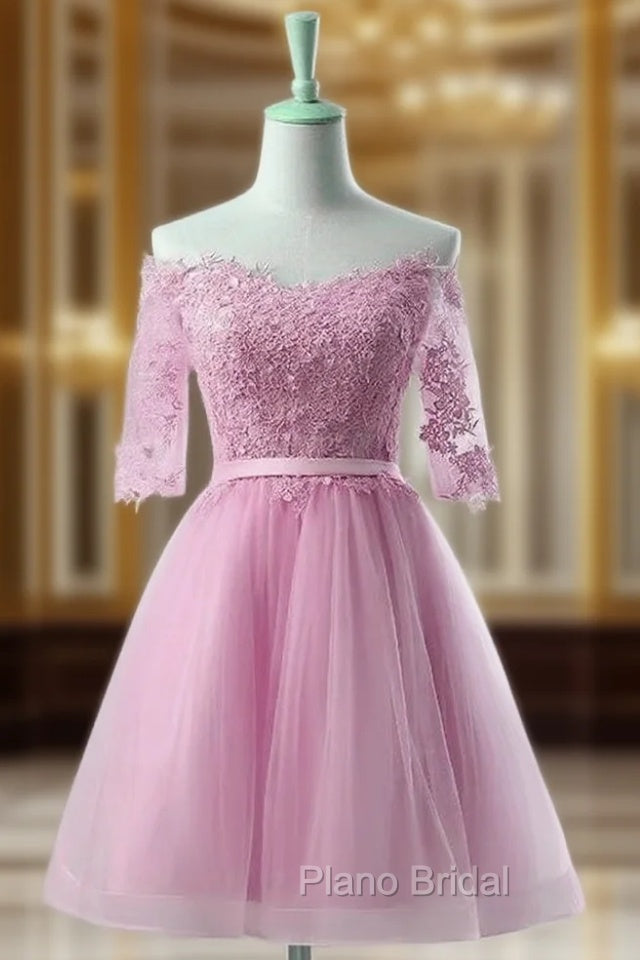 Cute Pink Knee Length Short Sleeves Party Dresses, Tulle Formal Prom Dresses Main image