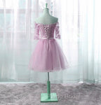 Cute Pink Knee Length Short Sleeves Party Dresses, Tulle Formal Prom Dresses