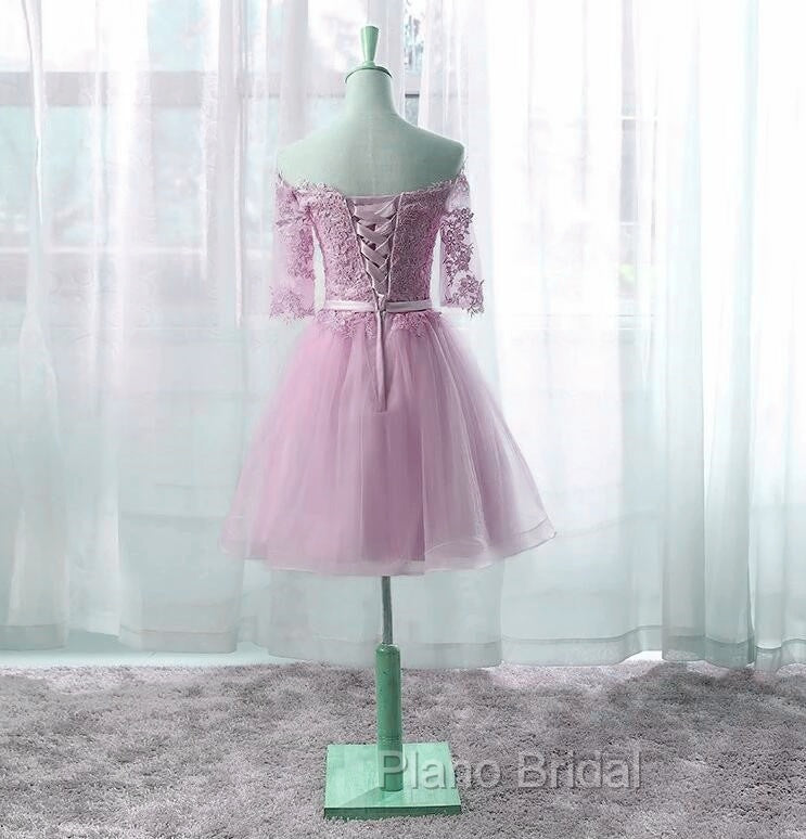 Cute Pink Knee Length Short Sleeves Party Dresses, Tulle Formal Prom Dresses