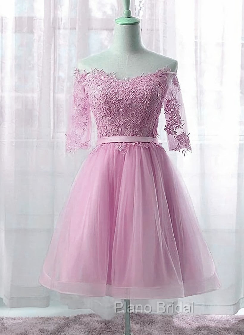 Cute Pink Knee Length Short Sleeves Party Dresses, Tulle Formal Prom Dresses Secondary image