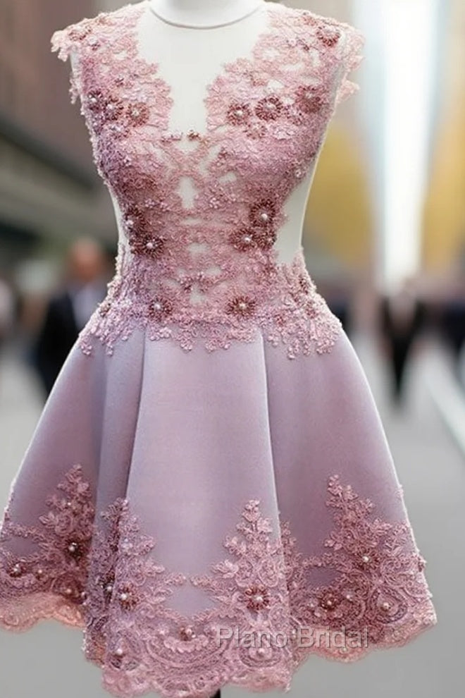 Cute Pink Lace Short Formal Prom Dresses, Homecoming Dresses Main image