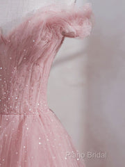 Cute Pink Princess Tulle Sequin Formal Prom Dresses Off The Shoulder Formal Dresses
