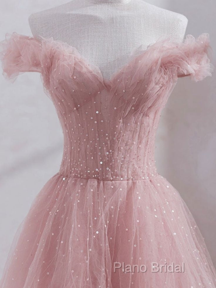 Cute Pink Princess Tulle Sequin Formal Prom Dresses Off The Shoulder Formal Dresses